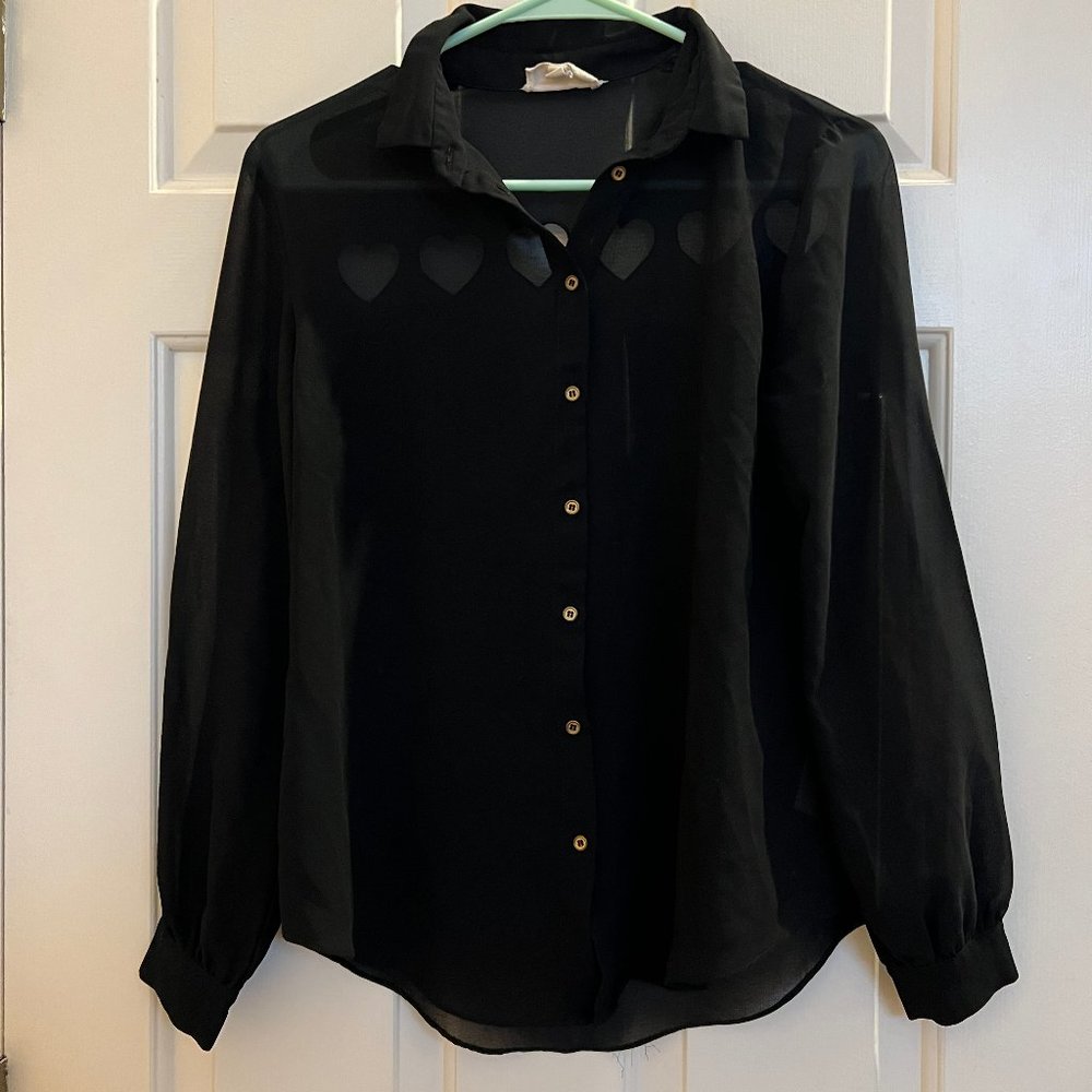 Sheer Black Button-Down with Heart Cutouts